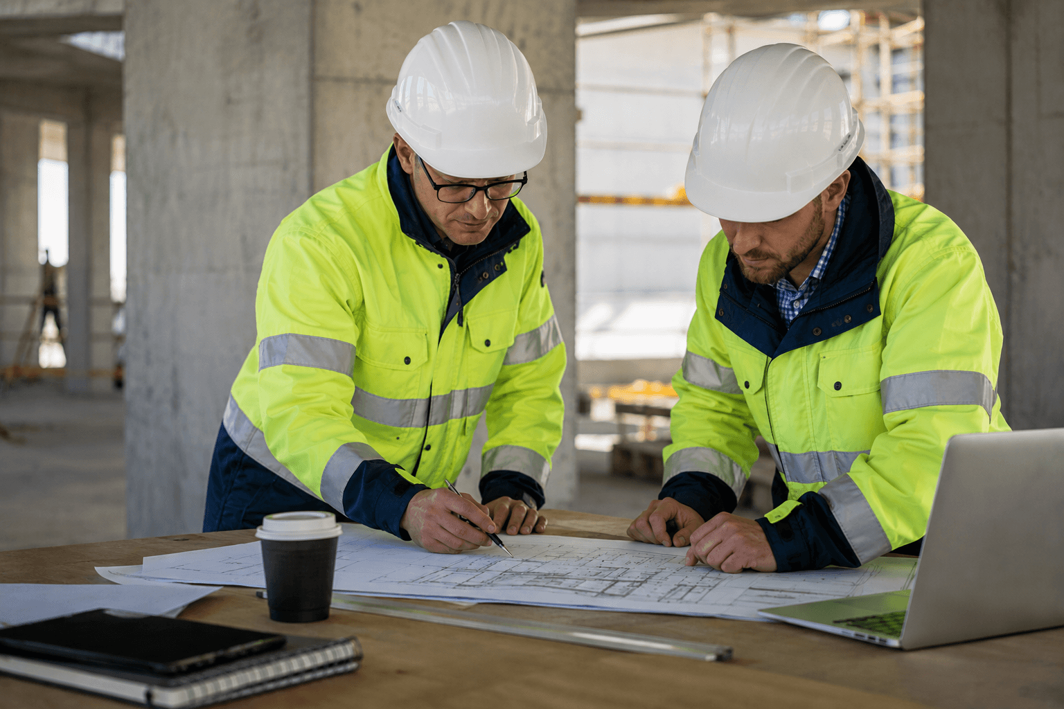Especialistas revisando planos e ingeniería de un proyecto junto a documentación técnica.
