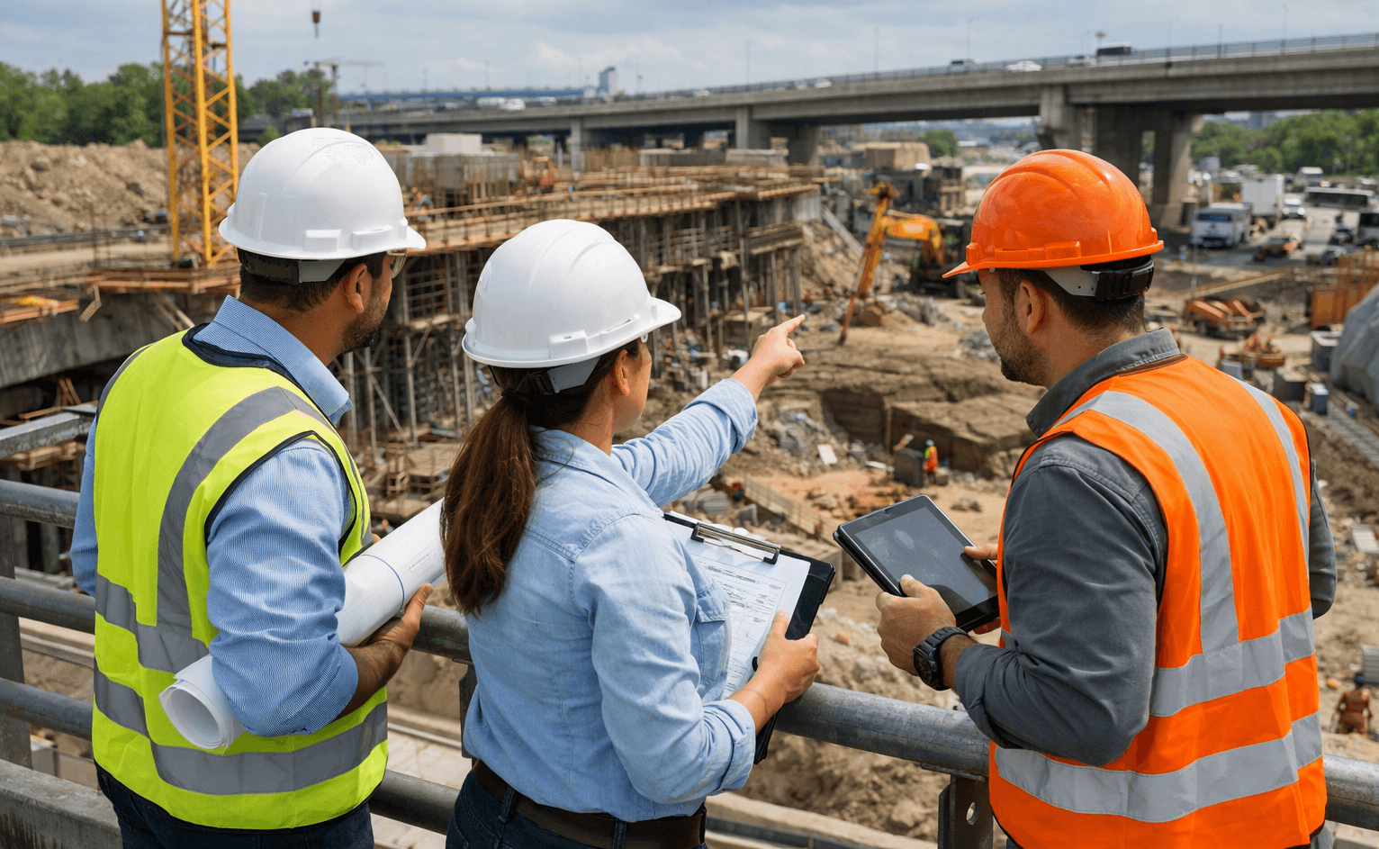 Supervisor de proyecto en sitio verificando avances de obra con documentación de control.