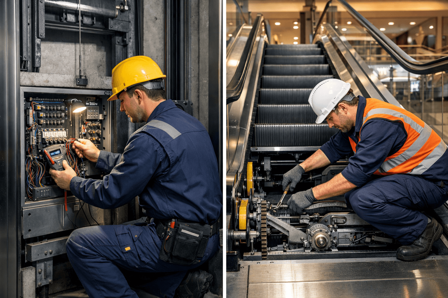 Técnicos dando mantenimiento a un elevador y una escalera eléctrica, junto a un programa de mantenimiento preventivo.